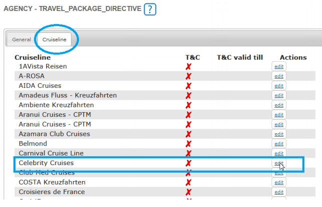 Select a cruise line for editing