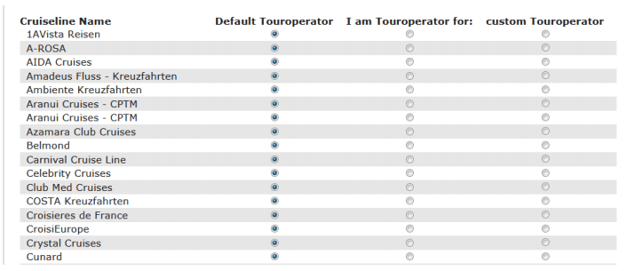Cruise Line Name tour operator assignment table