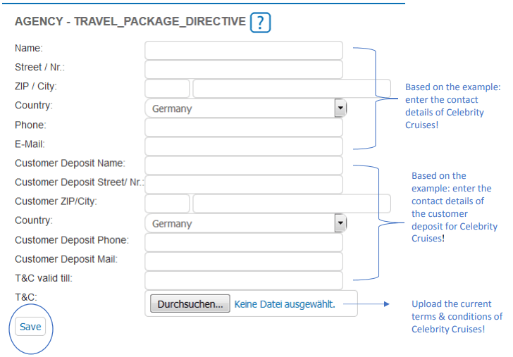 Maintain cruise-line contact details and terms and conditions