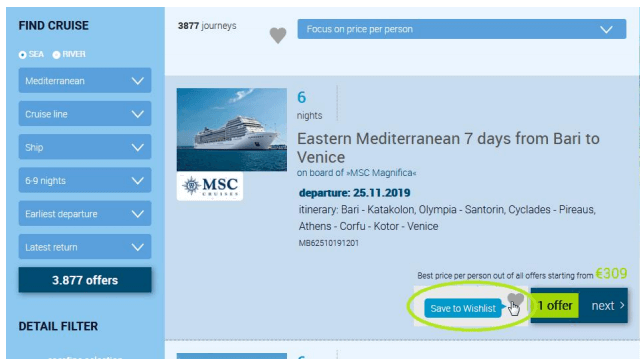 Save cruise using the heart icon